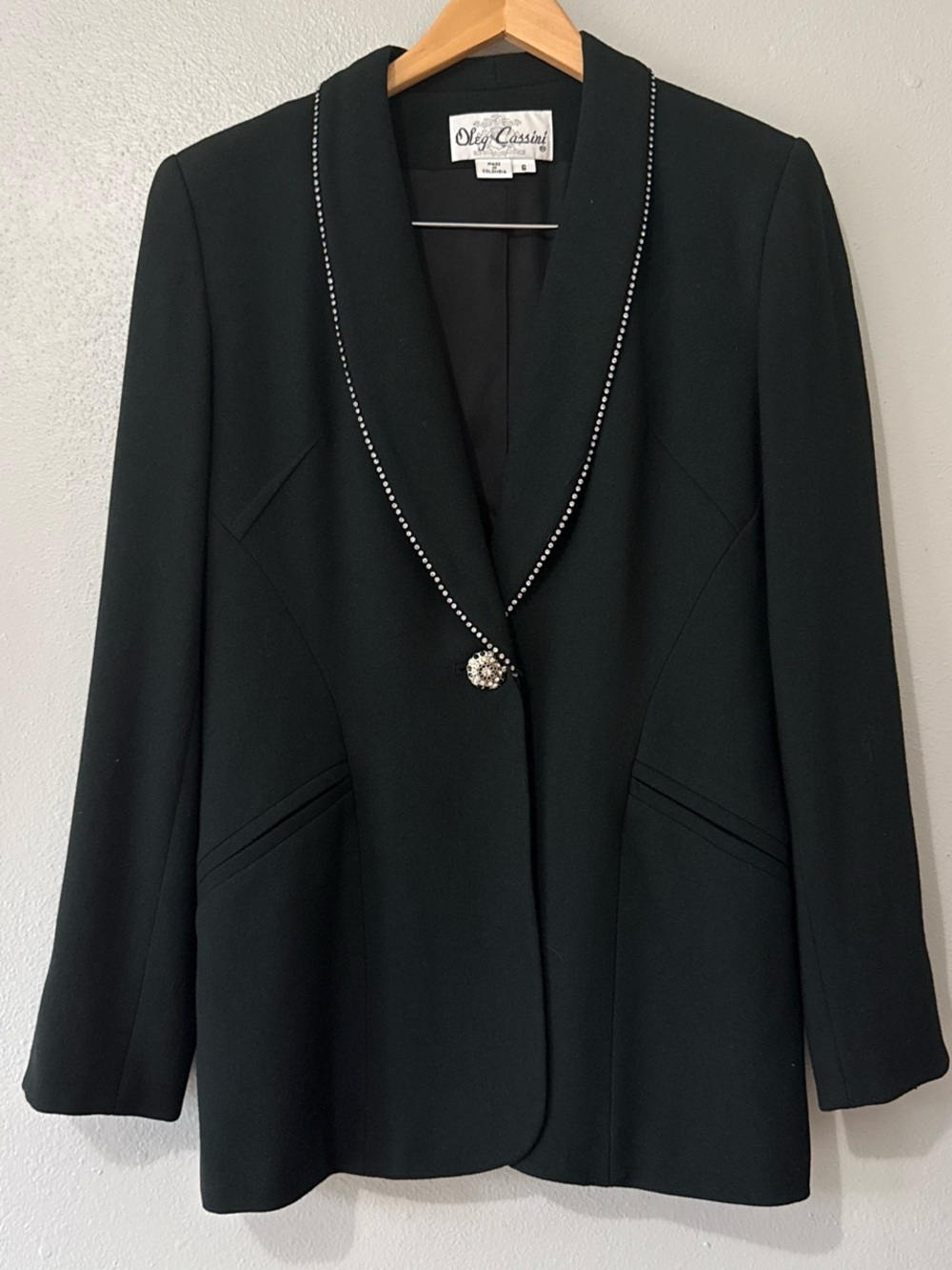 Oleg Cassini Black Blazer with Rhinestone-Trimmed Lapel
